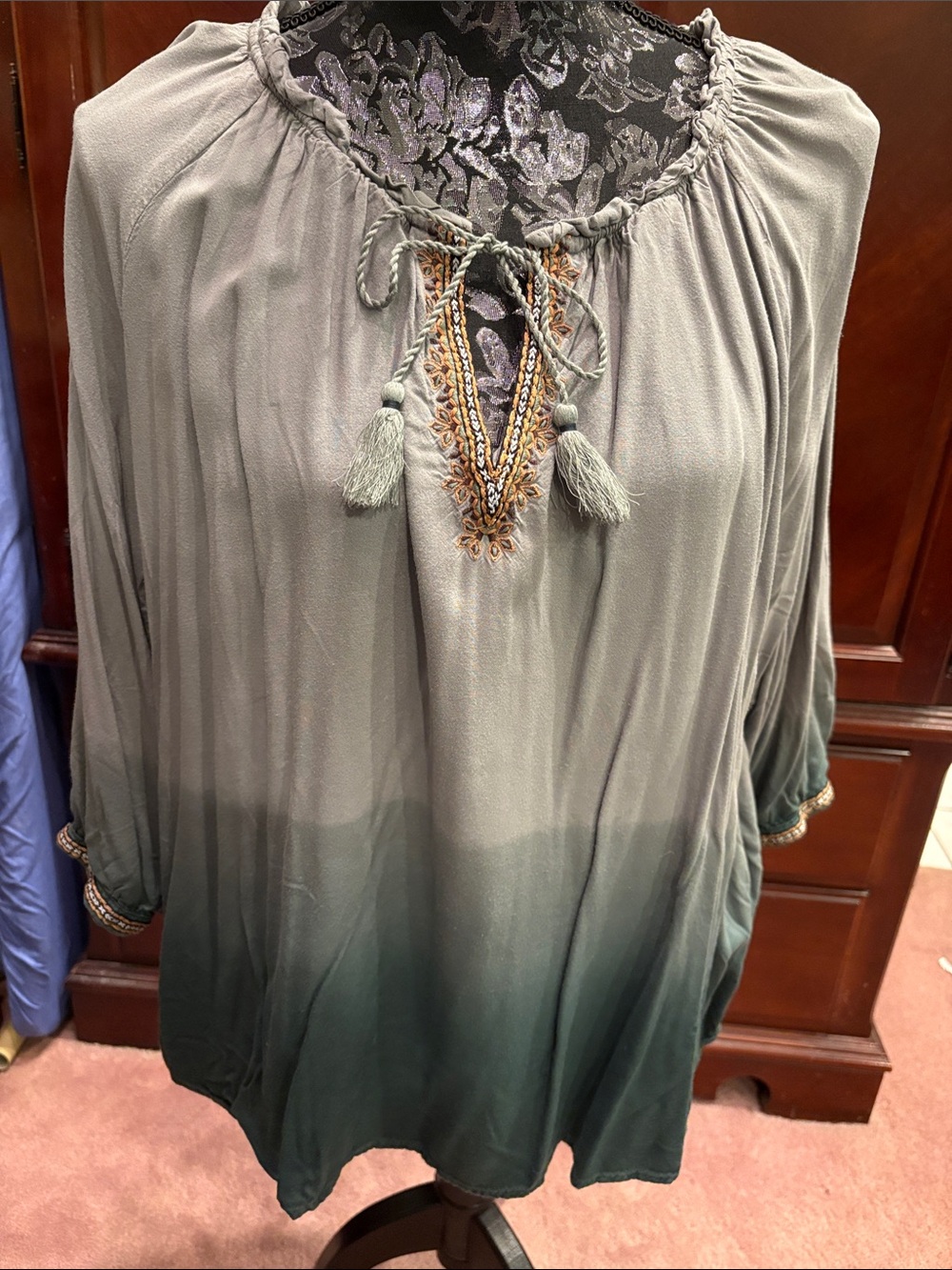 Sonoma Sage to Deep Green Ombre Tassel Peasant Blouse